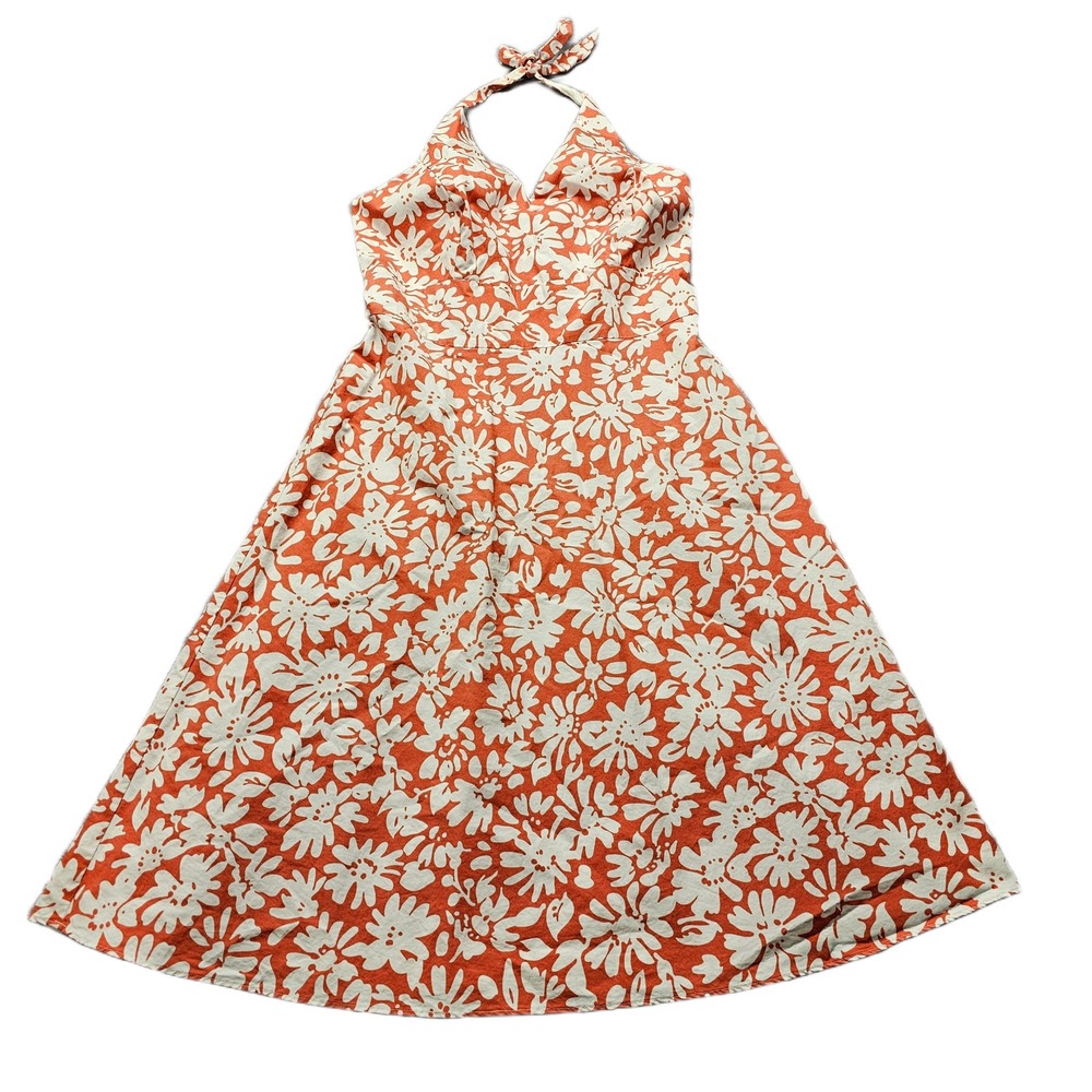 Ann Taylor Midi Dress Womens Size 2 Orange White Floral Halter Neck Back Zip - Picture 1 of 10